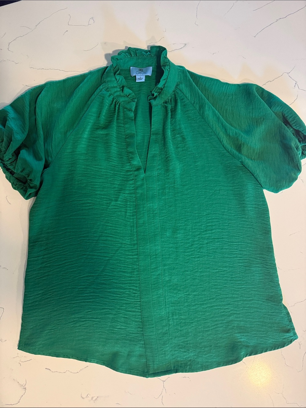 CeCe Emerald Green Ruffle-Neck Short Sleeve Blouse
